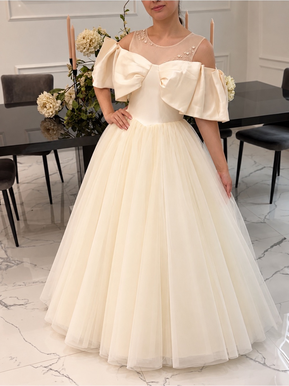 Tulleen Champagne Tulle Bow Amica Dress | 13Y/14Y